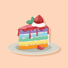 Vector illustration of rainbow pastel piece of cake topping with fresh strawberry fruit and syrup on soft brown background