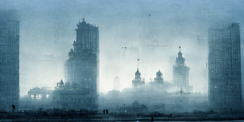 Ghostly and enigmatic urban landscape with a mysterious haze encompassing silhouettes of buildings and skyscrapers. Intense and creative metropolitan cityscape that catches the eye.