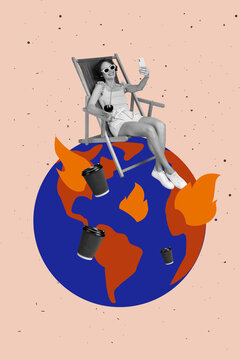 Vertical collage image of black white gamma girl hold cocktail telephone make self photo plastic coffee cups planet earth globe flame burn