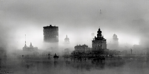 Naklejka premium The cityscape is ethereal and enigmatic, shrouded in a mysterious haze that highlights the silhouettes of buildings and skyscrapers. It is intense and creative, catching the eye.