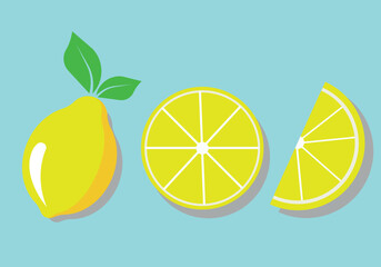 Abstract with three slices of lemon on a blue background. vector with citrus plants