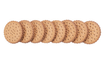 Chocolate cookies with cream filling isolated on white background.