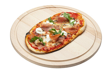 Delicious pizza served on wooden plate isolated on white background. File contains clipping path. 