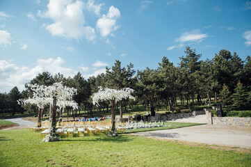 Premium arch for wedding ceremony for newlyweds on the river bank with wisteria trees