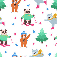  Christmas or New Year seamless pattern. Tree, wolf skates, panda skis, sloth drinks hot coffee. Vector graphic.