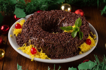 Delicious Brazilian chocolate pie with sprinkles - Called Brigadeirão. Served at Christmas dinner....