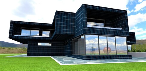 Amazing suburban house. Futuristic style. Photoelectrical walls covering. 3d rendering. - obrazy, fototapety, plakaty