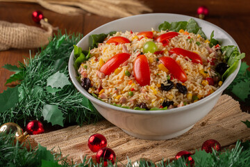 Festive rice on the background of Christmas decorations
