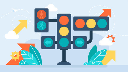 A traffic light with many departments. For pedestrians, transport. Various traffic lights show the way. Concept of rule, permission, prohibition, restriction, choice. Vector flat illustration