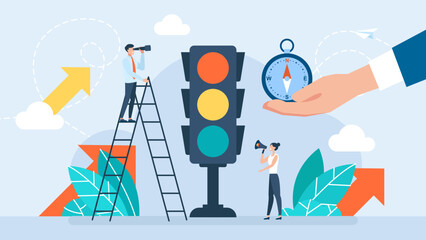 Traffic light. Finding a way, solving  problem. Hand with compass. Tiny people are governed by the rules of business. Concept of rule, permission, prohibition, restriction, choice. Vector illustration