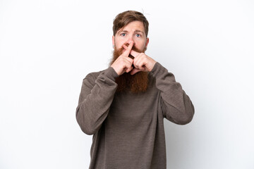 Redhead man with beard isolated on white background showing a sign of silence gesture