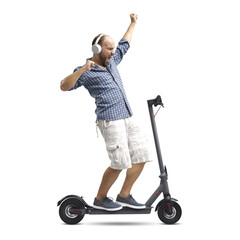 PNG file no background Man riding a scooter hands free and dancing © stokkete