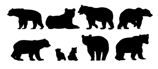 Set of bear male and female with cubs. Wild animals. Silhouette figures. Isolated on white background. Vector