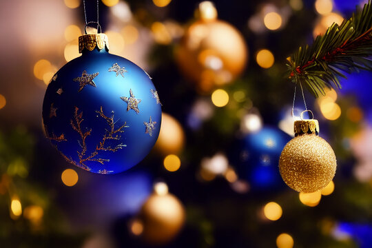 christmas balls on a christmas tree, blue bauble on a christmas tree, xmas tree, christmas mood image