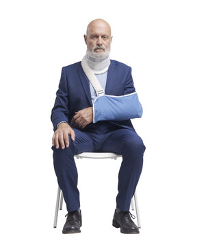 PNG file no background Injured patient with neck brace sitting on a chair