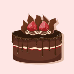 Vector illustration of chocolate cake with strawberry topping on soft red background