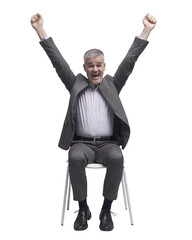 PNG file no background Happy successful man celebrating with raised arms