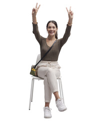 PNG file no background Young woman celebrating with raised arms