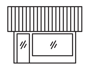 Graphic icon facade of business premises or one-story shops. Vector illustrations of commercial buildings on city street. 2D black and white drawing.