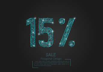 Abstract isolated blue 15 percent sale concept. Polygonal illustration looks like stars in the blask night sky in spase or flying glass shards. Digital design for website, web, internet. © Katsiaryna