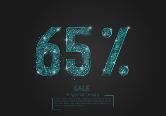 Abstract isolated blue 65 percent sale concept. Polygonal illustration looks like stars in the blask night sky in spase or flying glass shards. Digital design for website, web, internet. © Katsiaryna