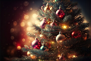 decorated christmas tree with bokeh background. Merry christmas and happy holiday, sparkle light.