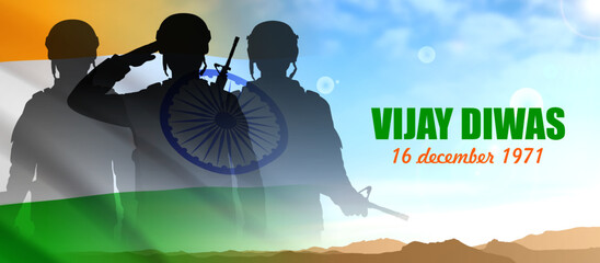 Silhouette of soldiers on a background of India flag and the sky. Greeting card for National Holidays. India celebration