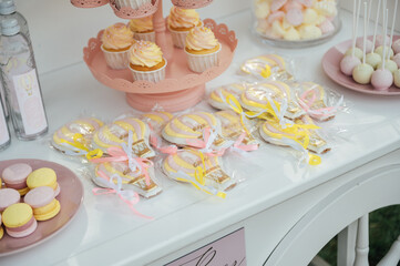 Baby birthday. French macaroons on a cake stand .Candy bar with macaron, cakes, cheesecakes, cake pops.