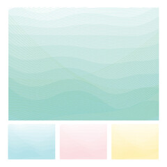 透明感のある抽象的な背景イラストセット。流体の波または風が動的なカーブを描いている背景の上に幾重もの線が折り重なっている。春夏秋冬の配色イメージ。