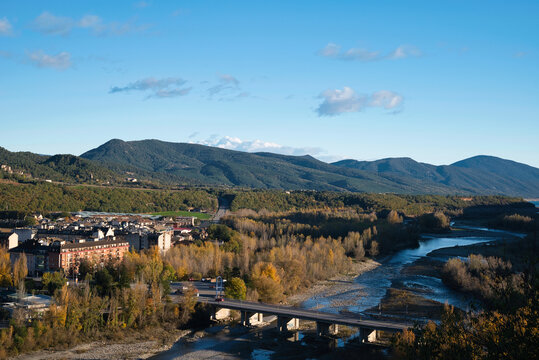 Panoramic view of the medieval village of A&iacute;nsa, in the Pyrenees, located in the province of Huesca, Spain