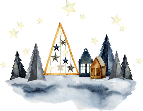 Watercolor scandinavian winter decor composition. Eco-friendly, craft, beige xmas tree ornaments design. Hand painted nordic, minimalist Christmas illustration. Winter holiday print