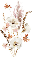 Wildflowers, herbs boho bouquet painted in watercolor. Dried pampas grass floral border. Botanical boho elements isolated on white. Wedding invitation, greeting, card, print, scrapbooking