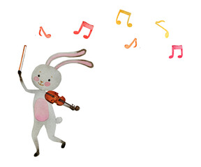 Cute cartoon animal marching band illustration. Watercolor cheerful funny musicians, bear, hare, fox isolated on white. Kids party card, greeting, banner, print, poster