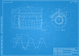 Fototapeta premium Mechanical engineering drawings on blue background. Cutting tools, milling cutter. Technical Design. Cover. Blueprint. Vector illustration.