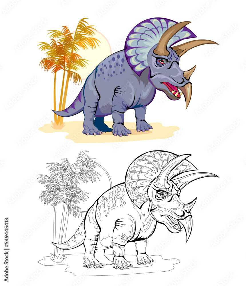 Wall mural Colorful and black and white page for coloring book. Illustration of cute triceratops. Printable worksheet for children exercise book. Online education. Clip-art cartoon vector. Animals for kids.