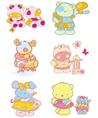 Pets, animals, characters, cow, bear, dog, mascots, localized prints, baby fashion, art with colorful animals,