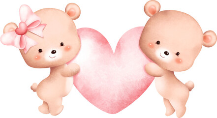 Cute Couple Valentine teddy bear. Watercolor Illustration. 