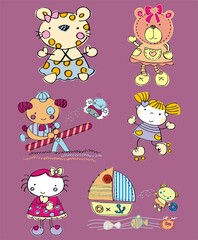 Pets, animals, characters, girl, playground, boat, mascots, localized prints, baby fashion, art with colorful animals,