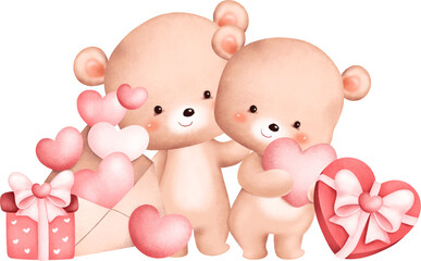 Cute Couple Valentine teddy bear. Watercolor Illustration. 