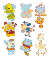 Pets, animals, characters, cat, giraffe, bear, dog, mascots, localized prints, baby fashion, art with colorful animals,