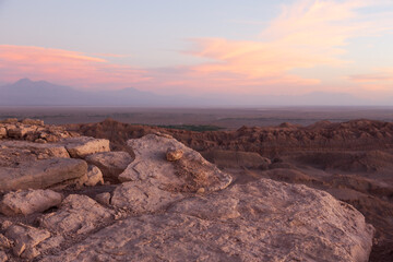 Selective focus view of the Valle de la luna (Valley of the Moon) seen just after sunset in the Chilean altiplano near San Pedro de Atacama, Chile