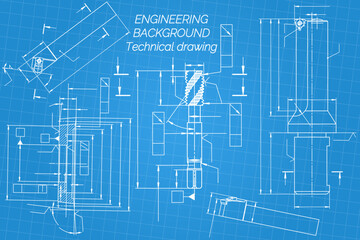 Mechanical engineering drawings on blue background. Tap tools, borer, cutting tools, milling cutter. Technical Design. Cover. Blueprint. Vector illustration.