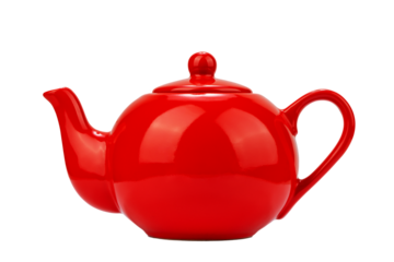 red porcelain round teapot, isolate on white background