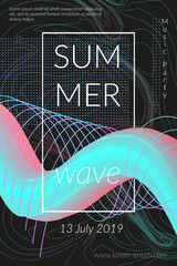 Creative summer wave poster with shape. Retro abstract colorful geometric background. Design for card, flyer, template, banner, brochure. Trendy fashion digital futuristic vector graphic illustration.