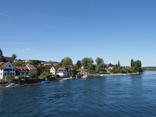 Fototapeta na wymiar Riverside of european STEIN am RHEIN town at canton Schaffhausen in Switzerland