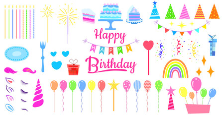 Birthday set, hand-drawn decorations for birthday cards, greetings and invitations. Vector illustration. cake, candles, balloons. Set to create unicorn and pony with ears, eyes and hairstyle