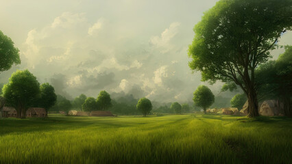 Summer landscape with a farming village, a large field, a garden, large trees. Farm village life.