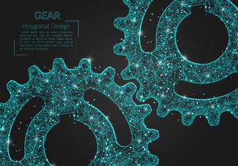 Abstract isolated blue image of a gear. Polygonal illustration looks like stars in the blask night sky in spase or flying glass shards. Digital design for website, web, internet © Katsiaryna