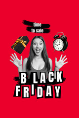 Vertical collage picture of excited amazed girl black white effect time to sale clock giftbox black friday proposition isolated on red background