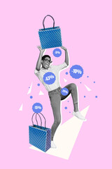 Vertical collage picture of shocked person black white gamma hands hold protect huge sale shopping...